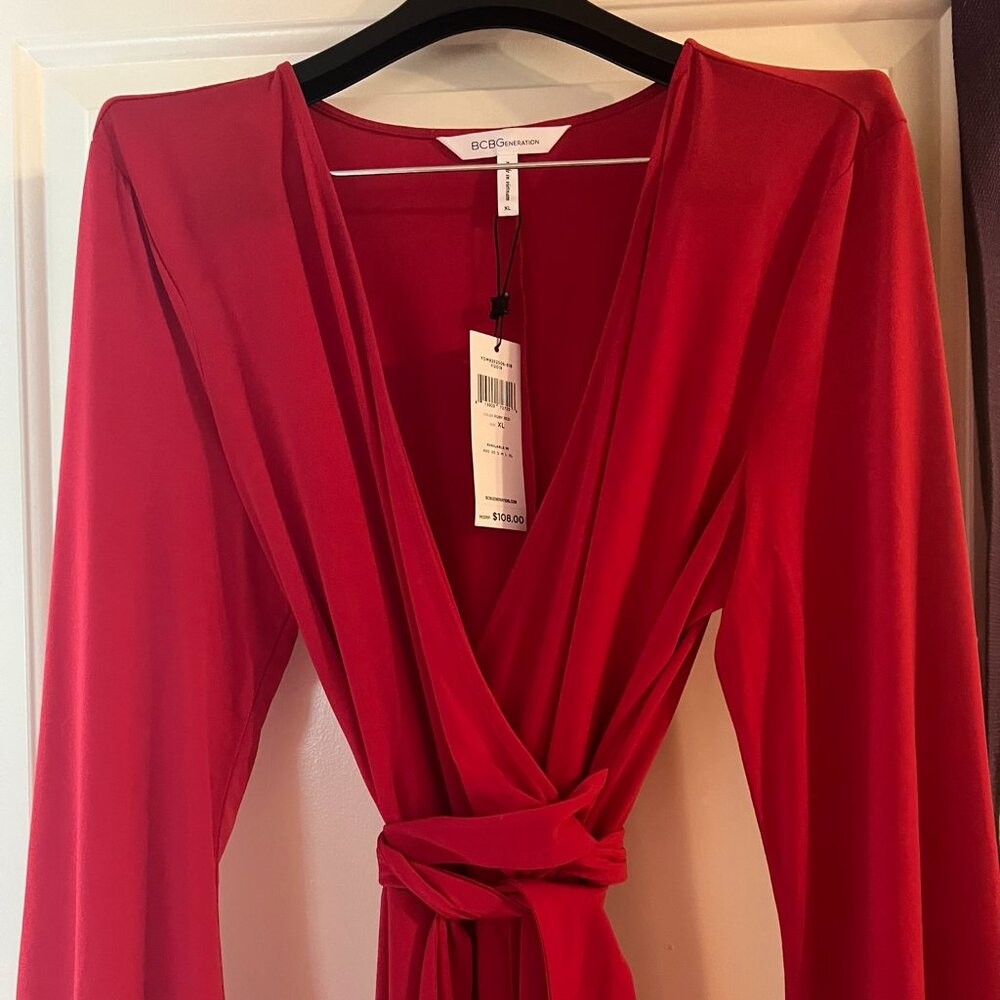 NEW BCBGeneration Wrap Tied Knit Jumpsuit in Ruby Red Size XL with tag